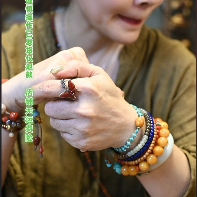 925银珐琅戒指 手作-红色蝴蝶戒指