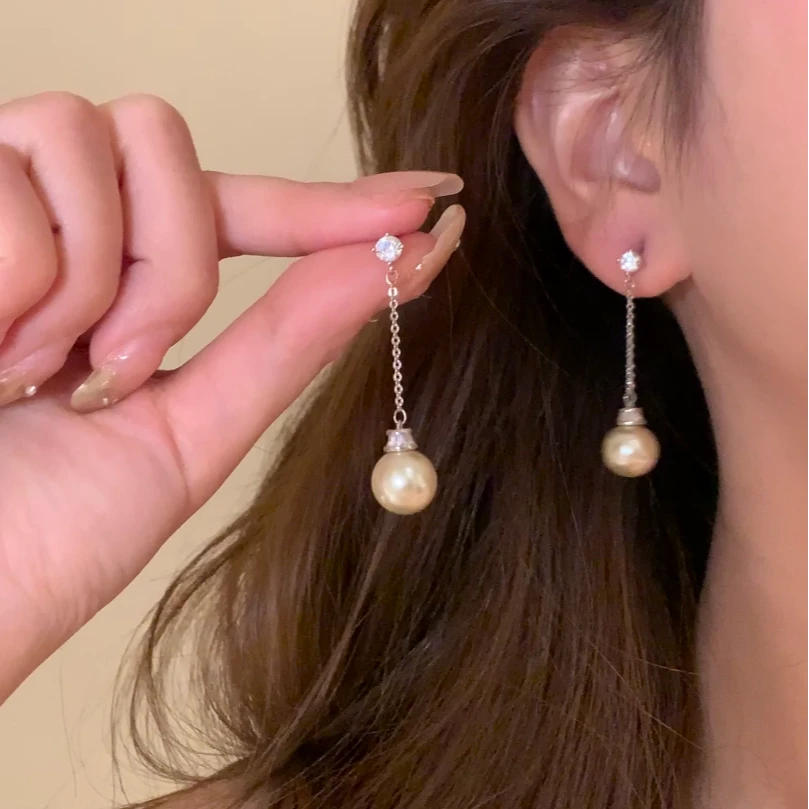 铜合金锆石耳饰 秋冬轻奢闪锆香槟珍珠流苏耳环女气质耳针耳饰