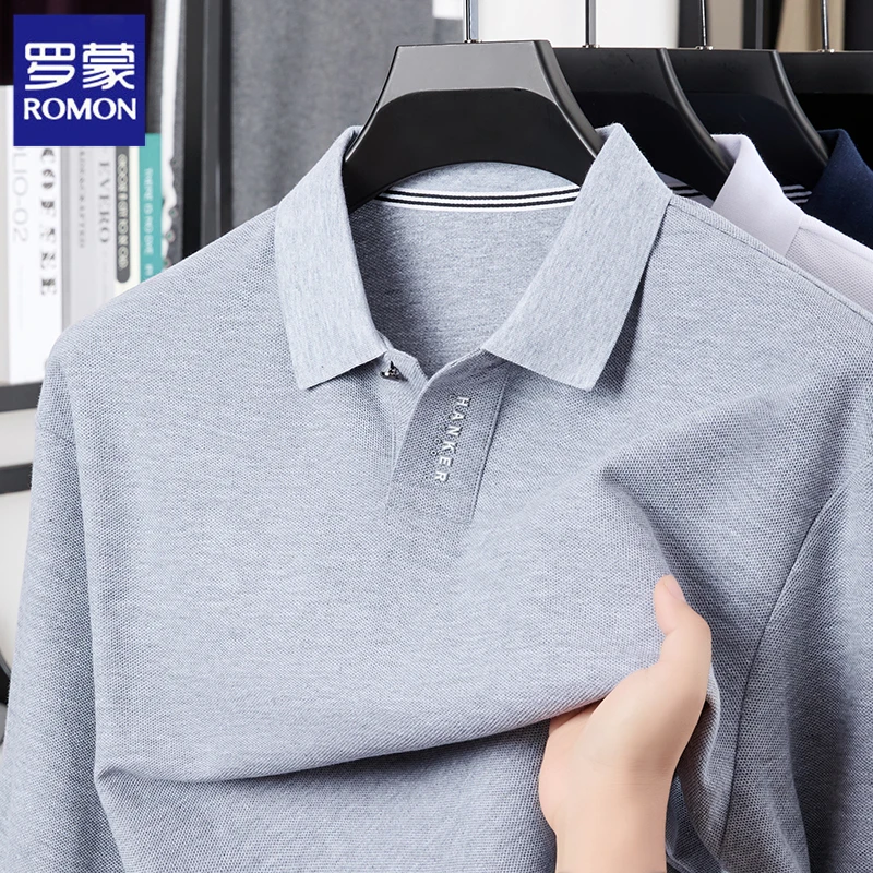 Romon/罗蒙免烫春秋Polo衫简约纯色常规纯棉休闲长袖百搭宽松轻奢