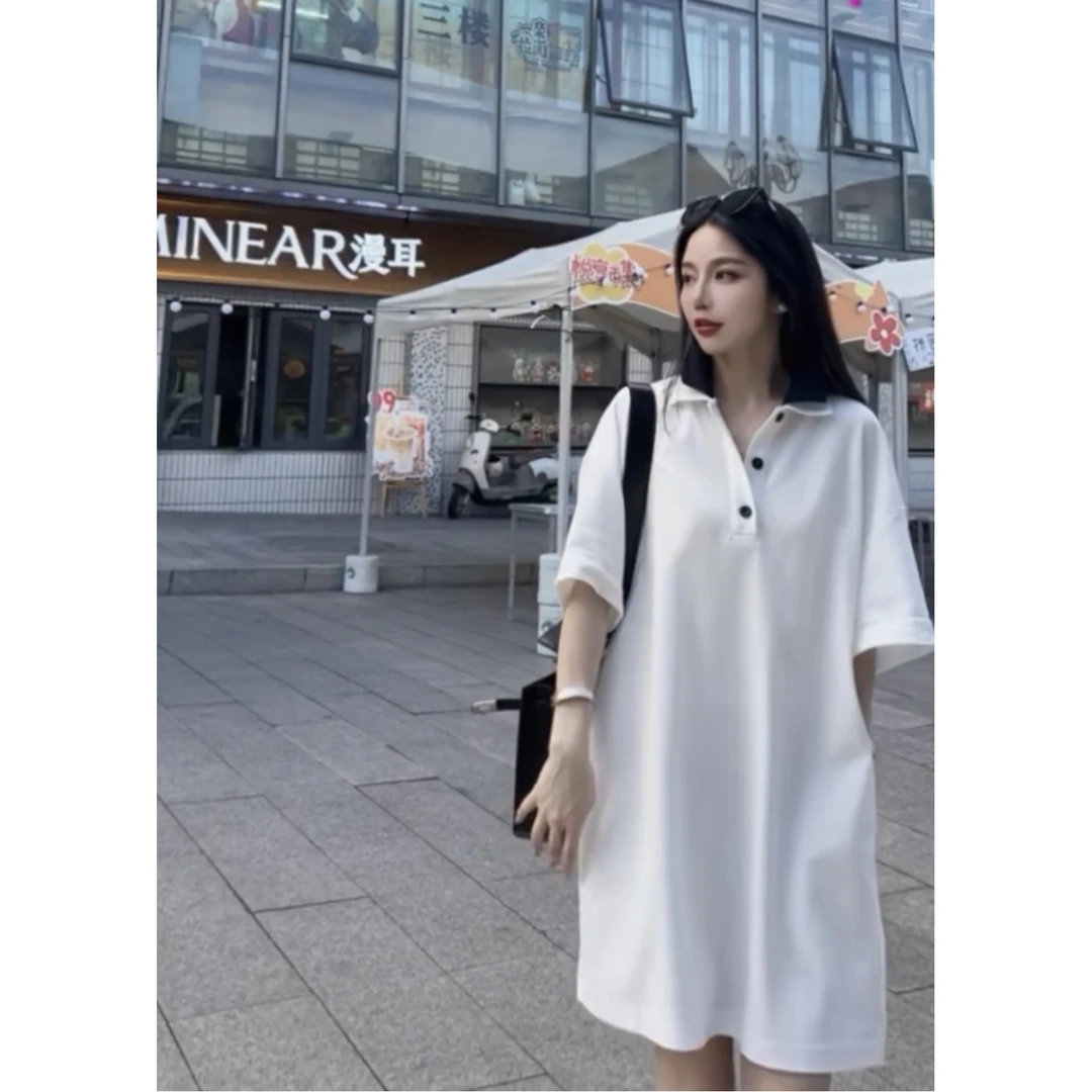 【白月光】纯色夏季翻领短袖小众连衣裙显瘦女士宽松休闲