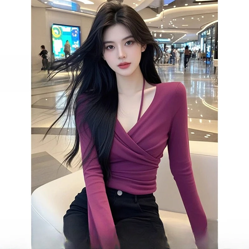 紫色v领挂脖长袖t恤女2025早秋韩系设计感减龄特别漂亮的掐腰上衣