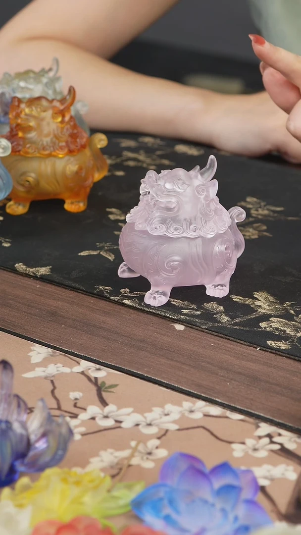 手工艺品琉璃粉色狻猊香炉小号