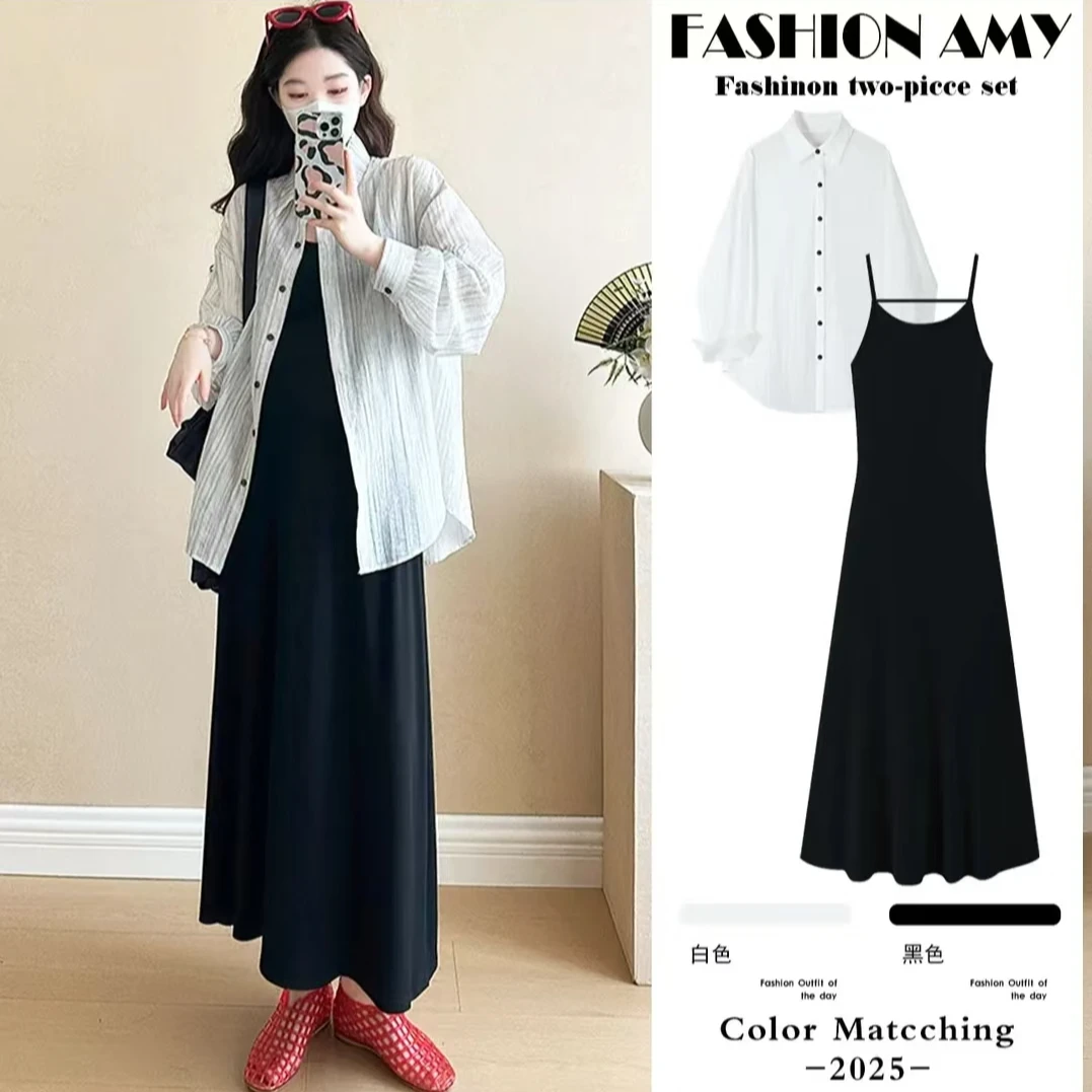 {糖糖}孕妇套装春夏新款时尚气质长袖防晒衬衫显瘦针织吊带连衣裙