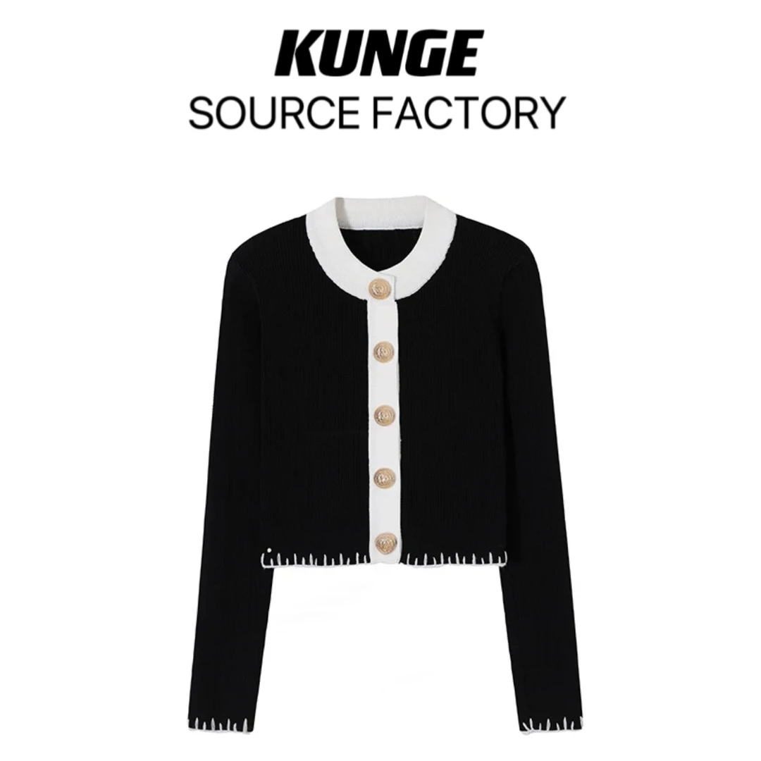 KUNGE-小香短款黑色撞色时尚长袖针织衫-5523