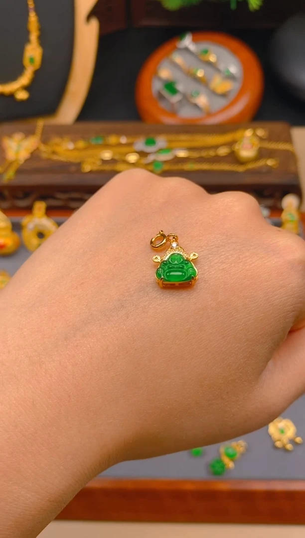 翡翠银S925镶嵌吊坠(不含链)金色财神佛公