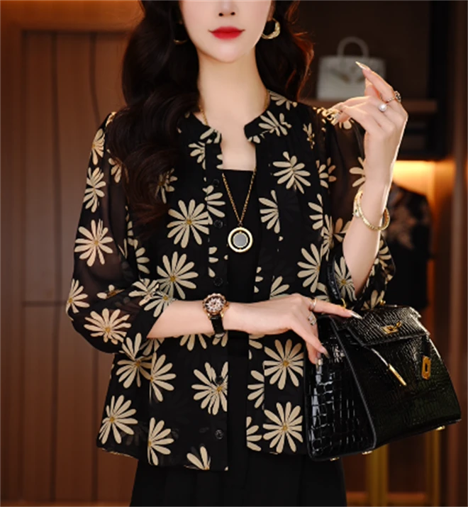 诺诗 新款洋气宽松显瘦优雅轻奢气质印花百搭小衫V25B026