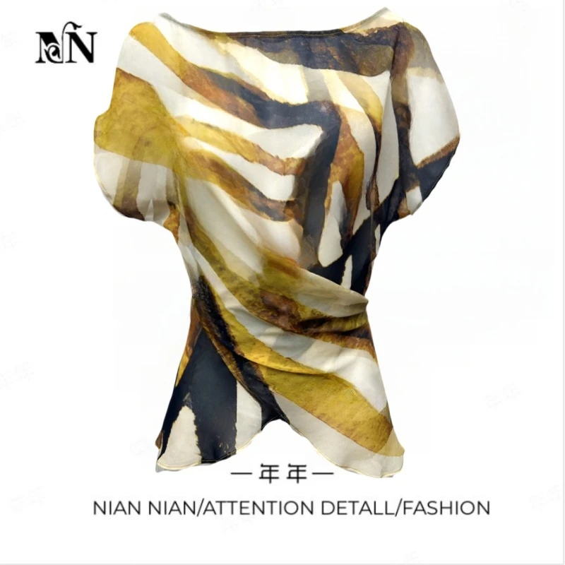 〖山城玫瑰〗年年2025夏季新款高级感印花交叉绑带微透显瘦燕尾上衣