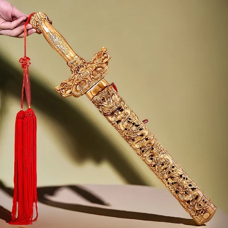 纯桃木雕刻祥龙剑60cm挂件