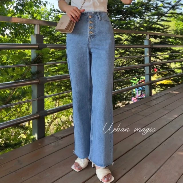 【喇叭牛仔裤女】韩版春秋高腰宽松无弹直筒牛仔裤-B171
