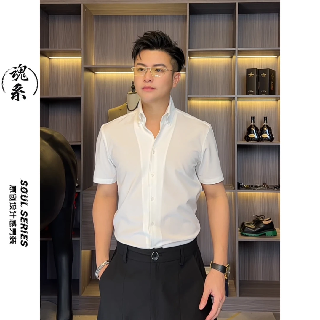 [魂系]夏季清新凉爽衬衫衬衣韩版痞帅修身轻奢商务休闲男Q7777