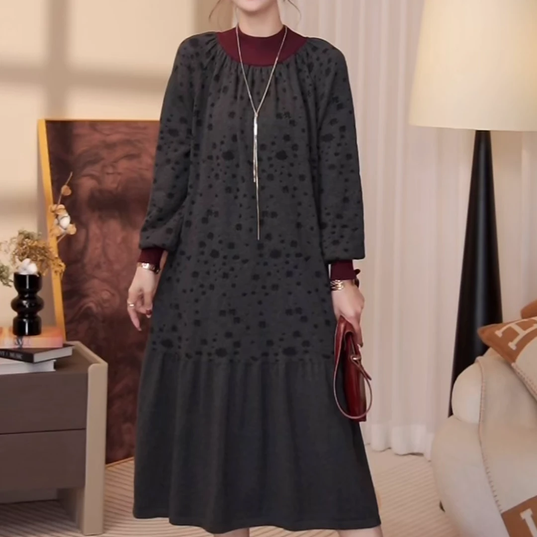 春夏新款高端品质【温文儒雅】斑点泼花长款毛衣打底连衣裙-6875#