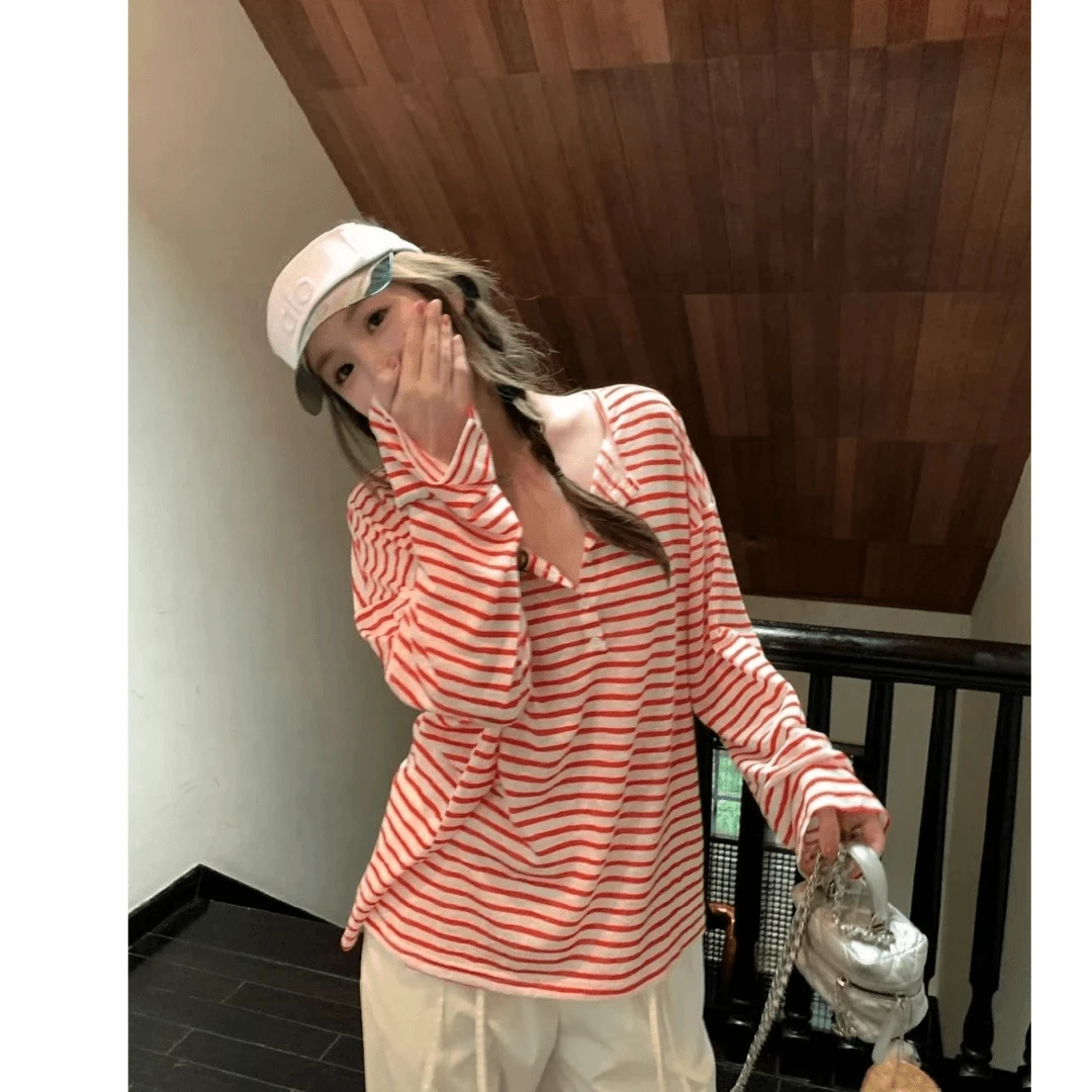 大码胖mm夏日松弛感宽松慵懒条纹长袖防晒衣女半开领休闲罩衫上衣