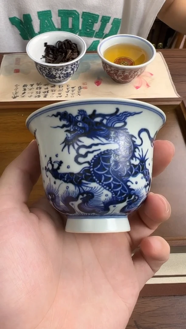 问青坊纯手工手绘青花鱼化龙柴窑铃铛杯