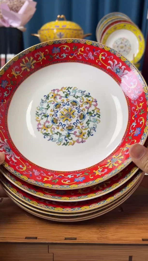 景德镇珐琅彩高温易清洗8英寸菜盘红色6个