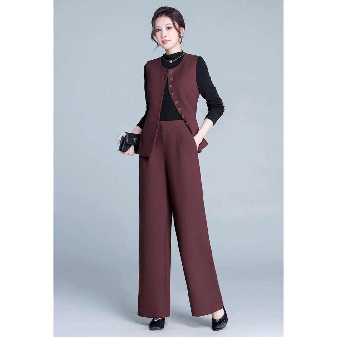 春秋季高级感时尚气质修身显瘦马甲阔腿西装裤三件套TA141