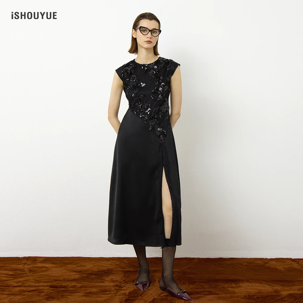 iSHOUYUE · 流光溢彩醋酸蕾丝拼接侧开叉显瘦修身黑色连衣裙
