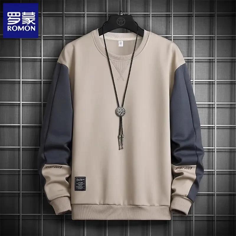 罗蒙拼色款卫衣时尚男士2025秋季新款潮宽松休闲百搭圆领长袖T恤