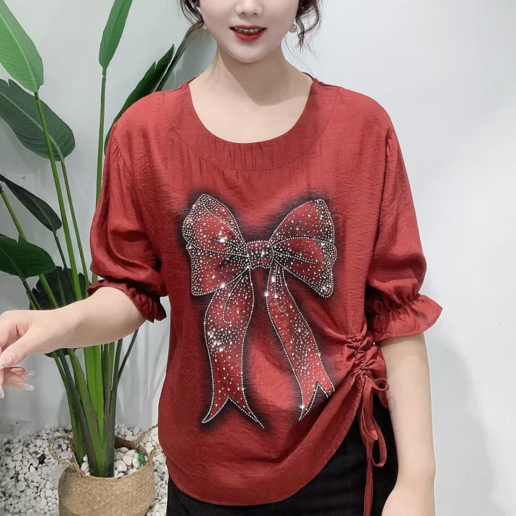 蝴蝶重工亮钻短袖时尚气质百搭夏季宽松设计感减龄圆领韩版T恤