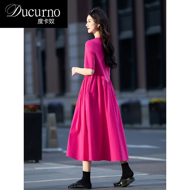 极简风玫红色休闲t恤裙长款超好看气质连衣裙女2025夏季新款裙子