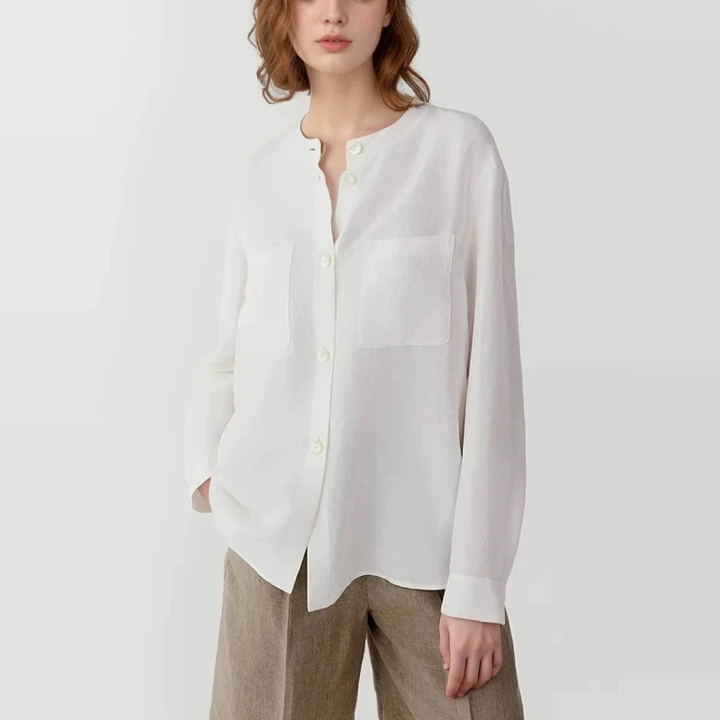1280 禾2025春季新款真丝双宫绸长袖衬衫 宽松休闲棉料上衣立领