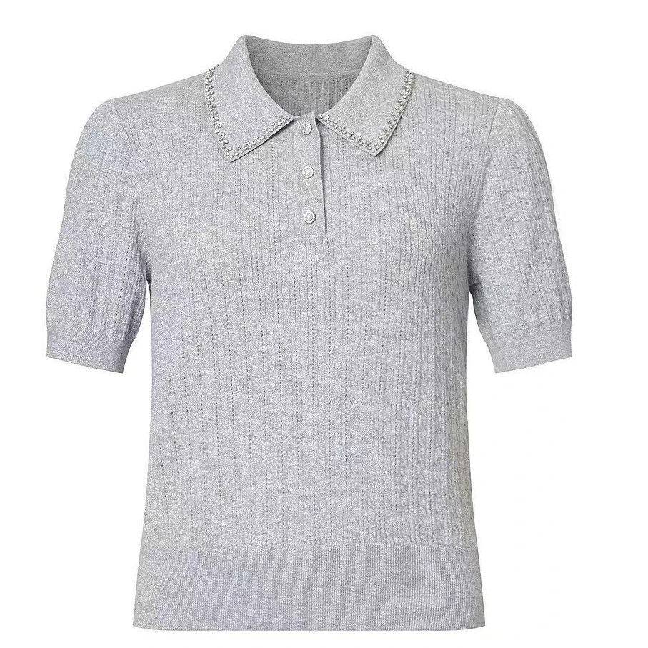 GXO新款纯色翻领法式针织夏季短袖上衣女SY0070