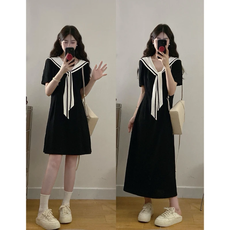 大码女装夏季韩系海军领学院风短袖连衣裙胖MM显瘦气质洋气裙子