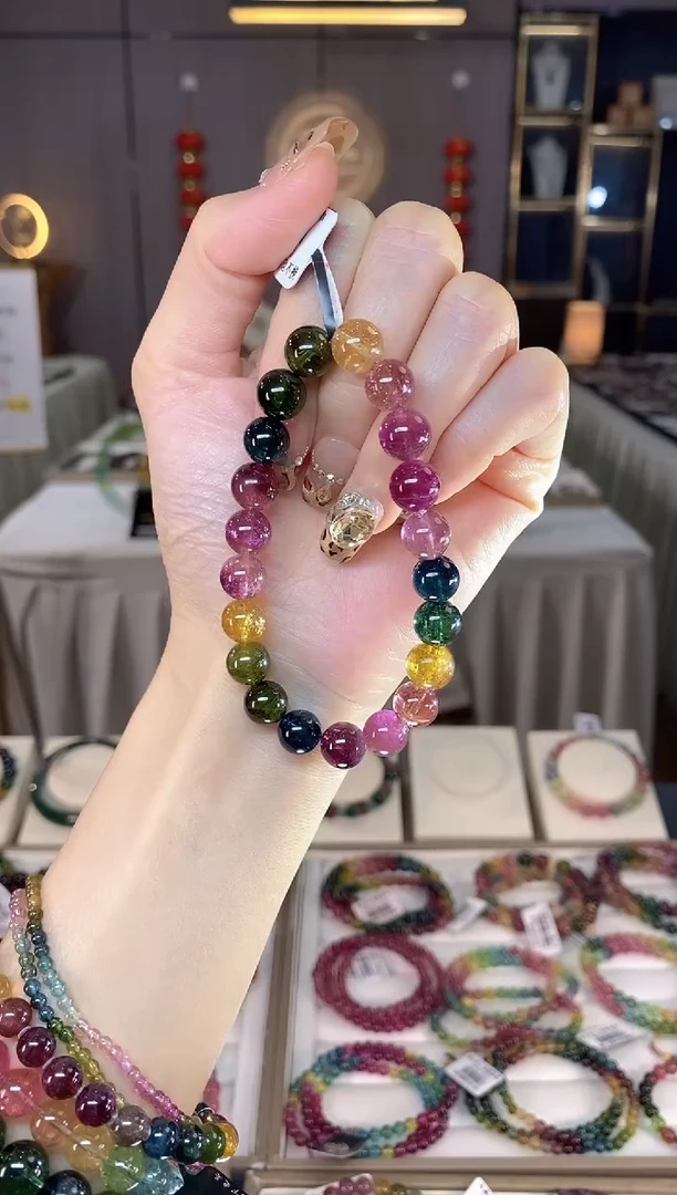 未镶嵌老矿碧玺色标彩虹单圈手串9mm+碧玺dan多样性发货一条