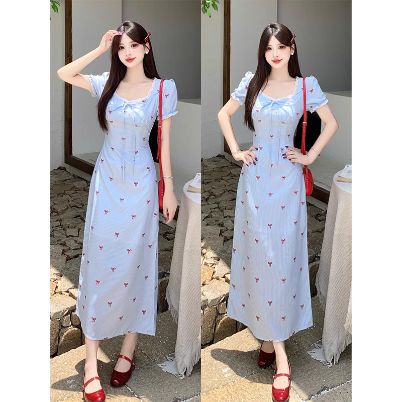 韩系蝴蝶结印花泡泡袖连衣裙女夏季2025收腰显瘦时尚条纹长裙子