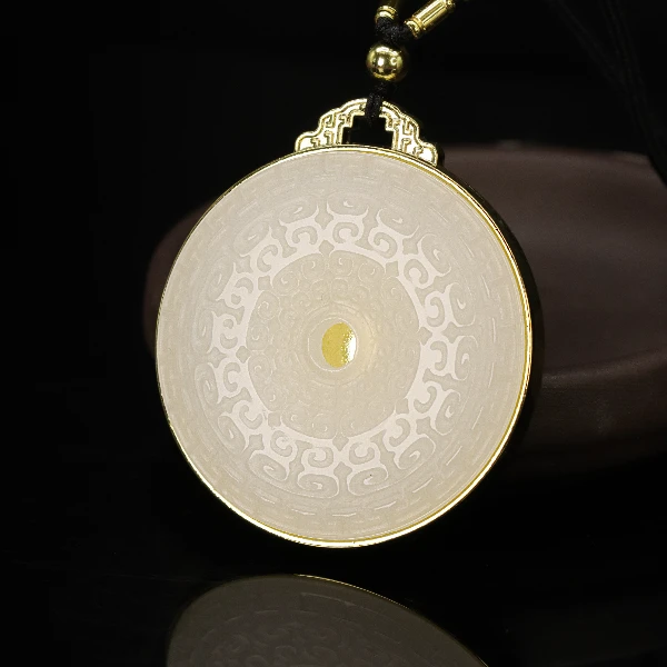 天然新疆玉石回纹镶嵌金丝玉平安扣吊坠百搭白色复古素款直播间玉