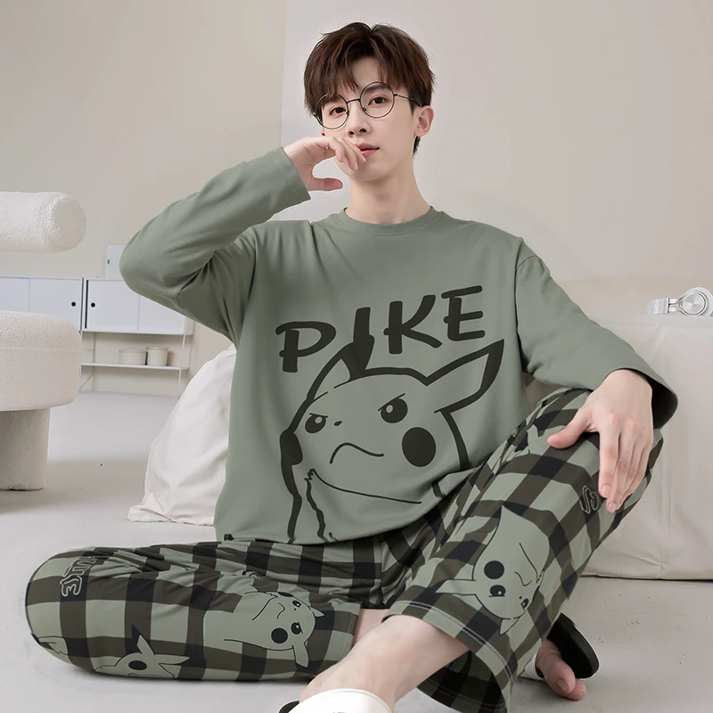 男士睡衣春秋季纯棉薄款长袖卡通青少年加大码宽松学生家居服套装