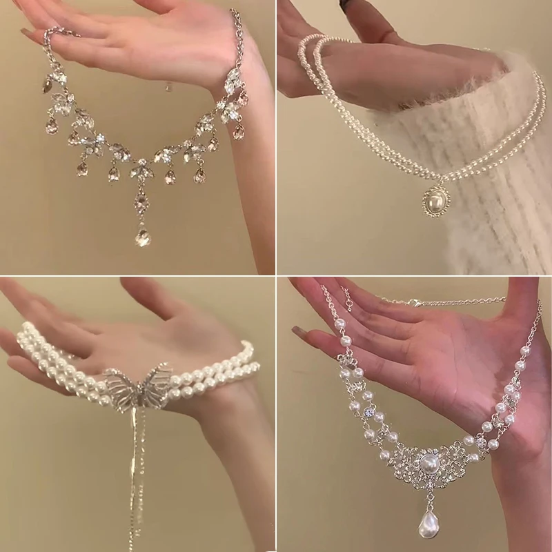 法式锆石超闪粉色水滴项链春款时尚小众轻奢搭礼服