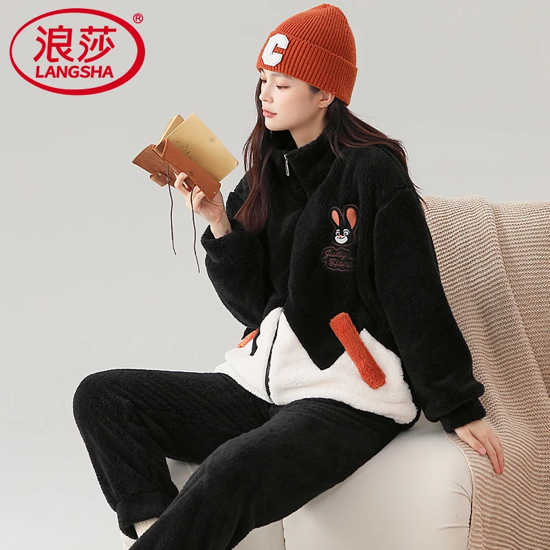 浪莎睡衣女款珊瑚绒套装冬季加厚加绒长袖拉链宽松卡通休闲家居服