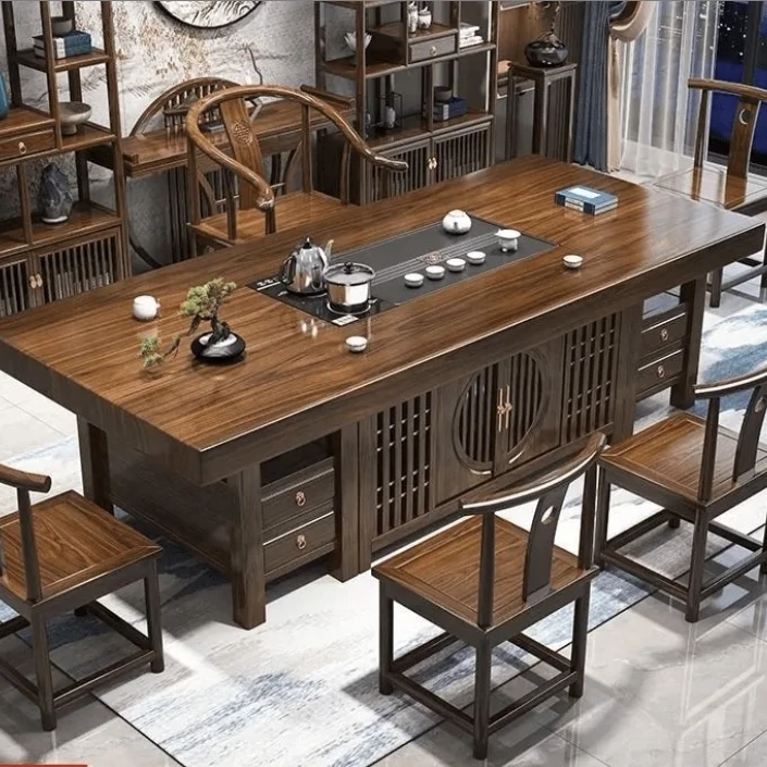 日进斗金实木大板茶桌组合新中式办公室茶几禅意泡茶台