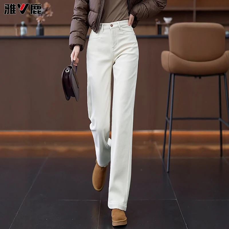 雅鹿米白色直筒牛仔裤女2025秋冬季新款加绒加灰色白色加绒小脚裤