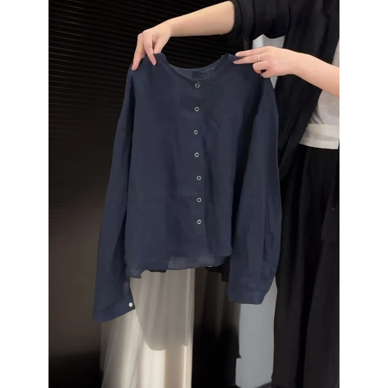 真心太美！不能错过！慵懒感藏蓝色圆领排扣防晒上衣轻薄长袖衬衫女