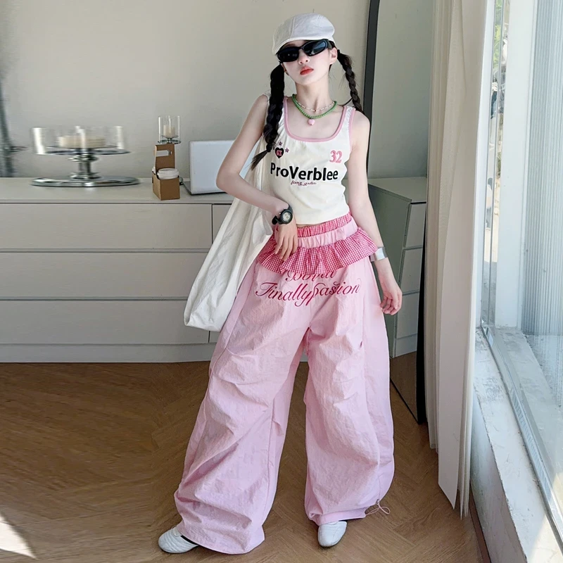 【酷哒仔】女童字母吊带上衣粉色花边裤子两件套装2025夏季中大童潮