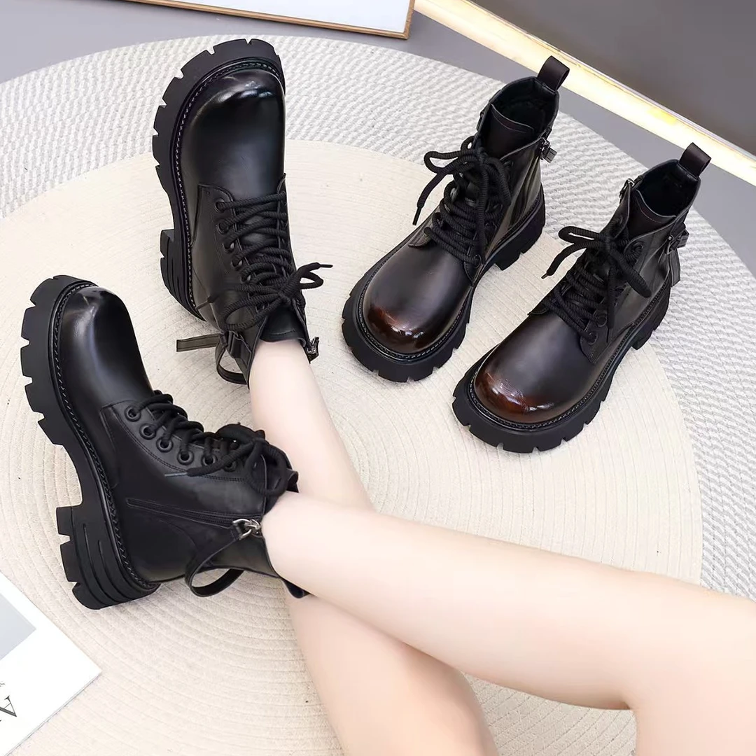 秋冬新款厚底马丁靴女2025韩版圆头系带时尚百搭显瘦短靴-20