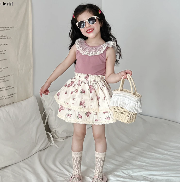 女童套装裙子潮洋气儿童蕾丝露背T恤女宝宝半身裙两件套夏装甜美