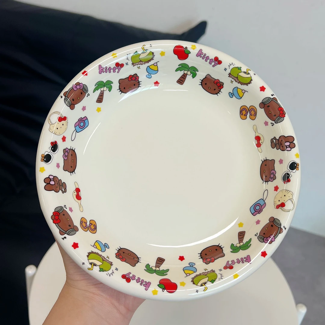 出口尾单 黑皮猫反边盘可爱卡通陶瓷餐具盘子甜品盘深盘碟子