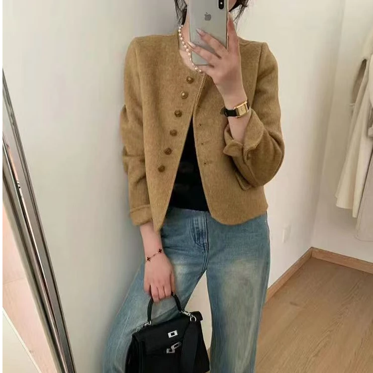 七言家！流金黄小香风短款绵羊毛外套