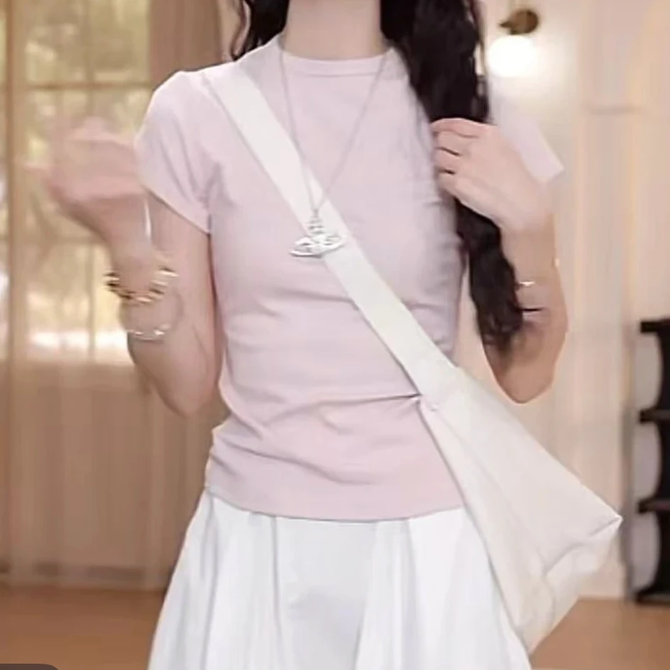 设计感时尚通勤显瘦纯色短袖上衣女2025夏季新款极简风百搭t恤潮