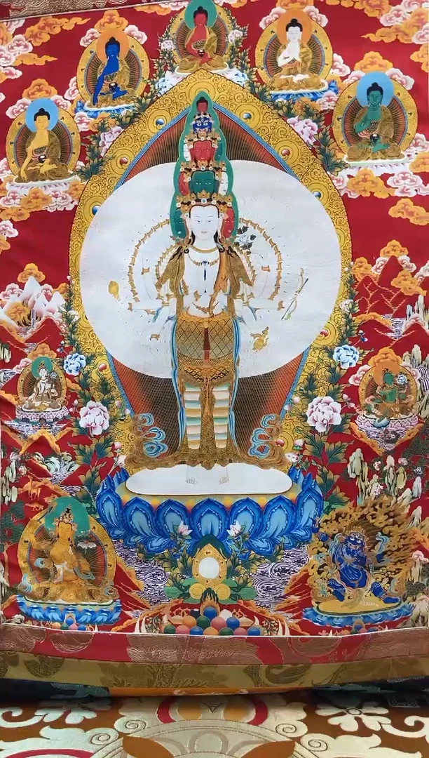 卷轴画矿物质喷绘  千手观音1.3m蓝色水波纹