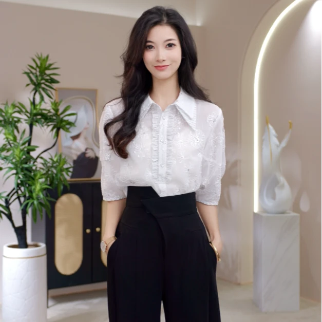 QH1901重工蕾丝花边衬衫女2025春季新款韩版宽松洋气上衣翻领衬衣