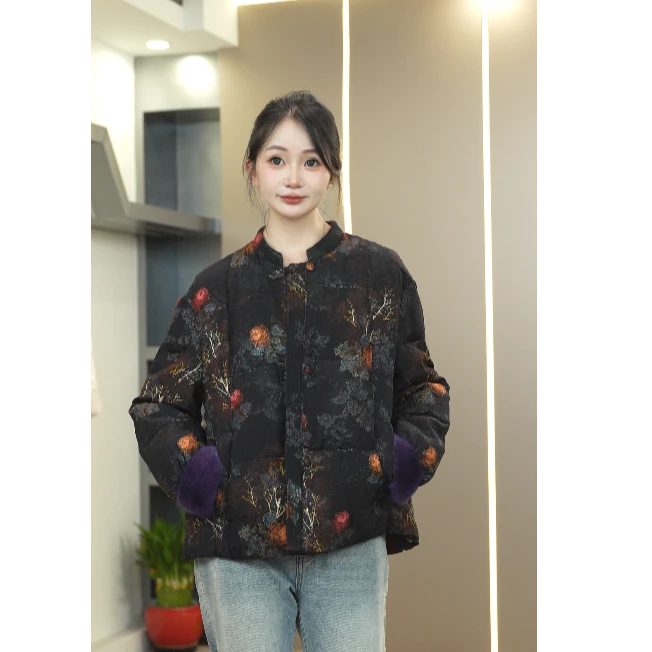 国风新款2025年秋冬新中式亮片气质设计水貂袖90白鹅绒羽绒服女