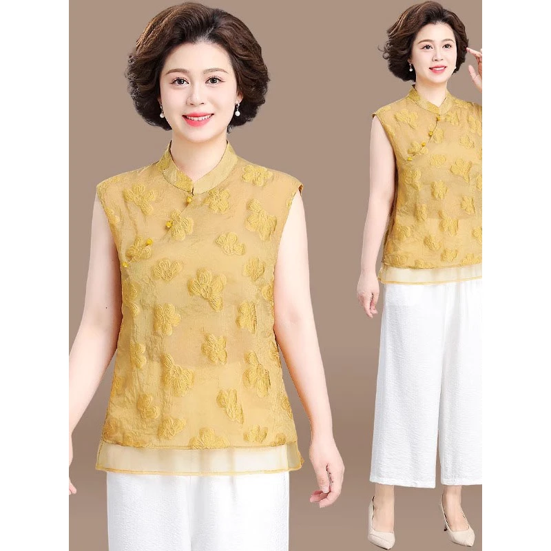 妈妈端庄大气套装夏季新中式小衫气质中老年女装夏装短袖T恤上衣