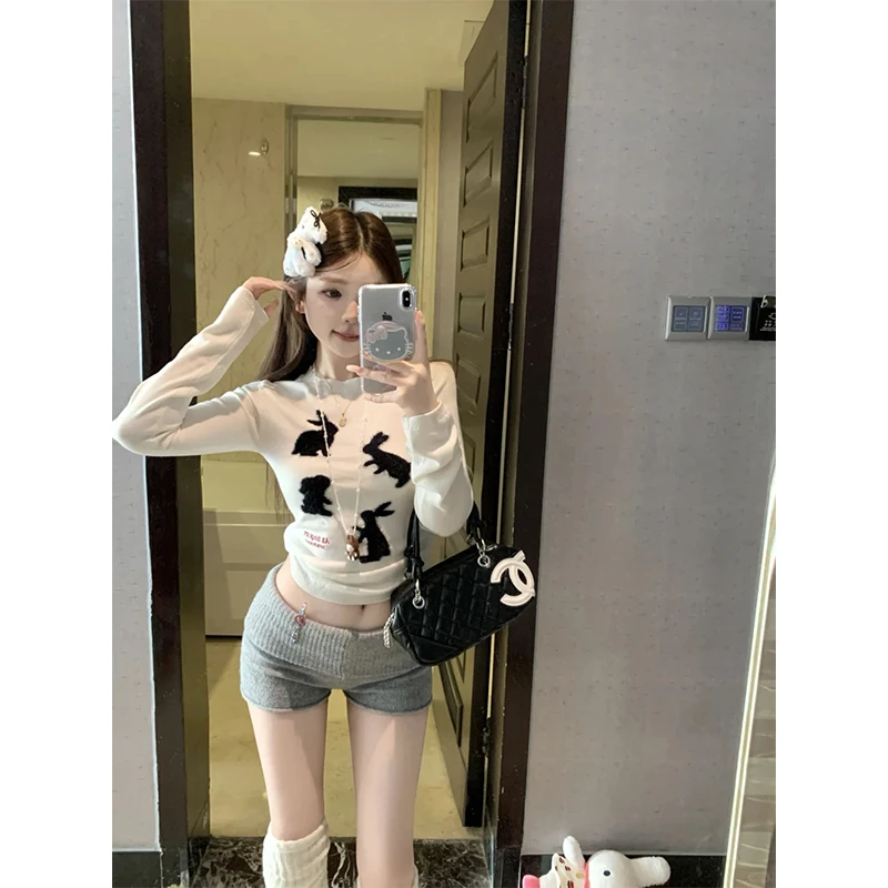 时尚穿搭女士夏季圆领印花长袖显瘦百搭小众上衣针织韩版气质短裤