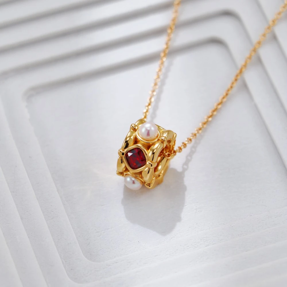 链子925银 VllORA【血月拓扑】S925银复古金色珍珠红锆项链