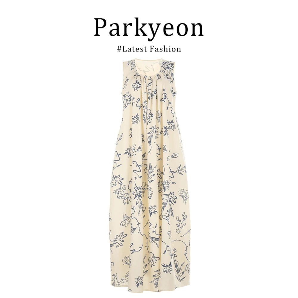 parkyeon法式复古度假风无袖连衣裙夏季时尚减龄简约宽松长裙子