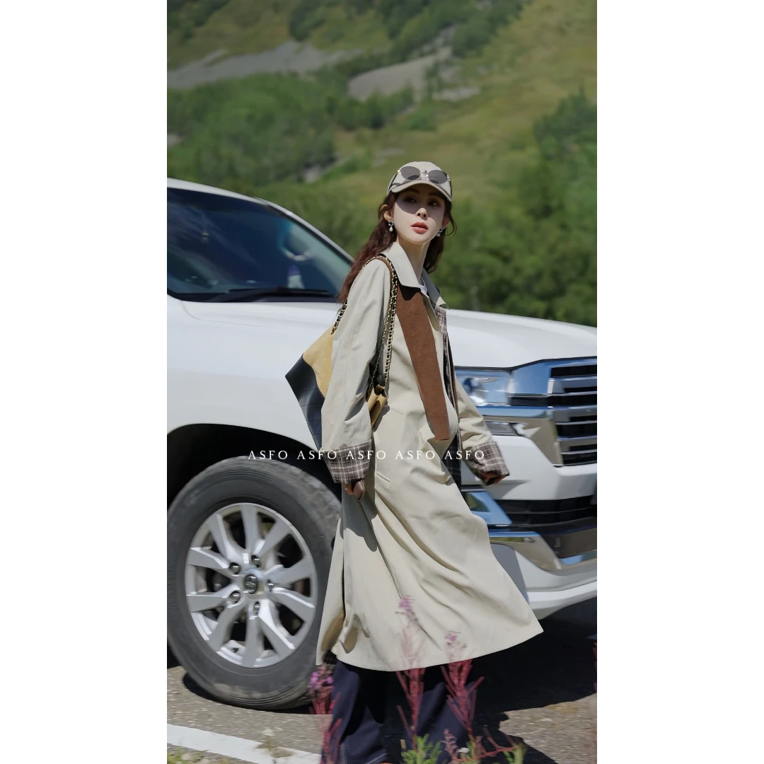 【AS小时代】25新经典大气高级港风中长款拼接格子风衣AS25QFY02338