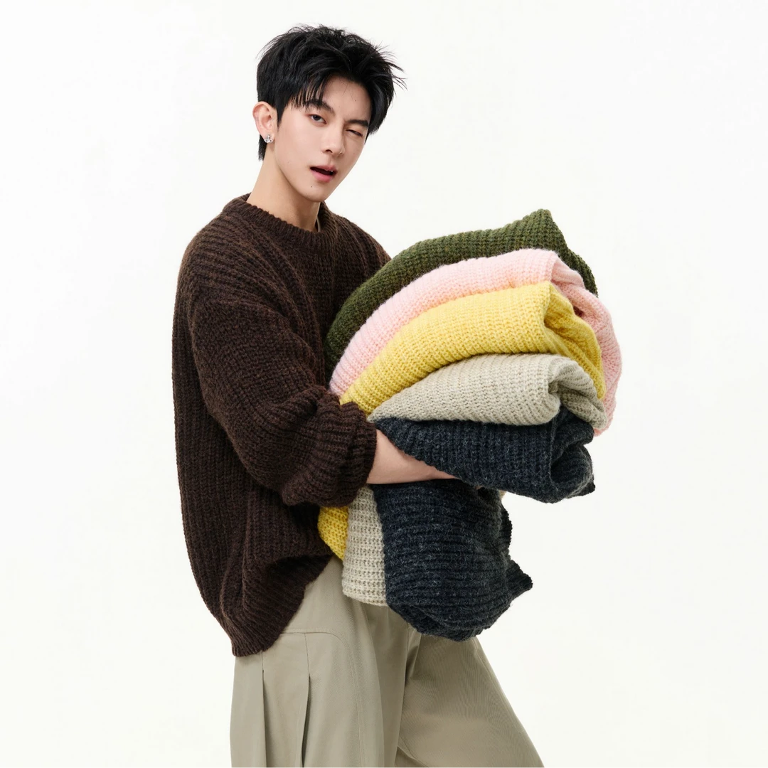 纯色基础款圆领毛衣男秋冬潮牌宽松复古慵懒风针织衫美式情侣上衣